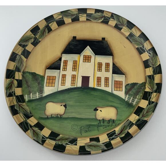 Vtg Pat Fischer Primitive Folk Art Hand Painted Plate Farmhouse Scene Signed - Picture 1 of 5